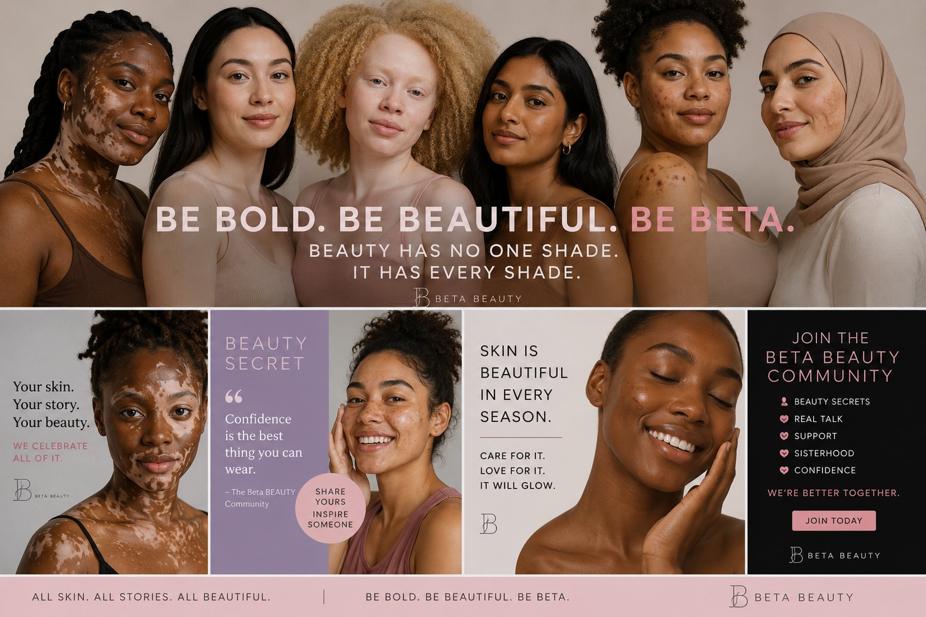 Diverse group of women, BetaBEAUTY campaign: Be Bold. Be Beautiful. Be Beta. Beauty has no one shade, it has every shade.